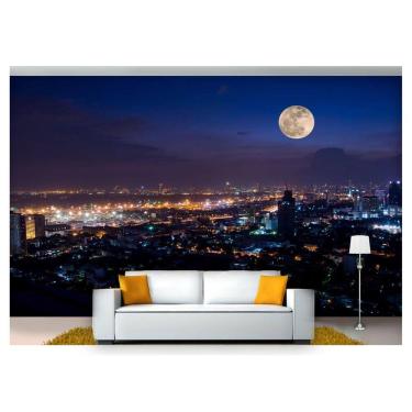 Imagem de Papel De Parede Lua Noite Cidade Prédios 3D Nsk78