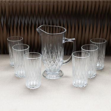 Imagem de Conjunto Jarra com 6 Copos Diamante para Servir Bebidas em Vidro com Padrão Trabalhado para Mesa Transparente Lyor