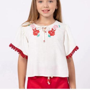 Imagem de Blusa Bata em Linho Meninas com Bordado Elegância Natural Tam10 - Um m