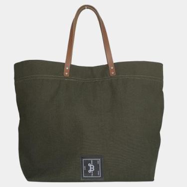 Imagem de Bolsa Tote Lona Verde Alças de Couro - felipe borges acessórios