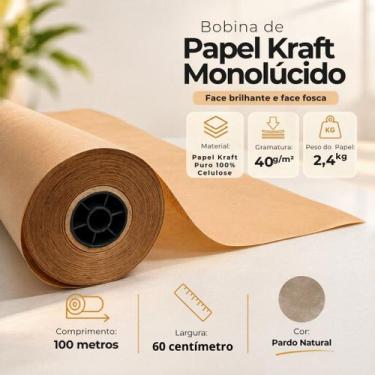 Imagem de Papel Kraft Pardo 40g Puro - 60cm De Largura x 100 Metros Monolúcido -