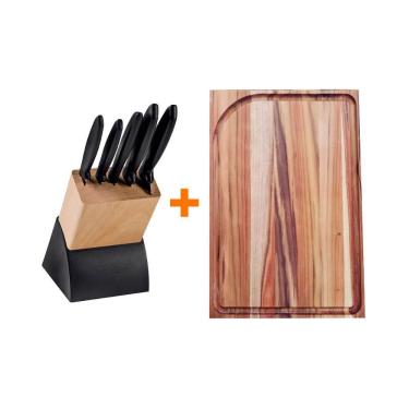 Imagem de Kit Faqueiro Plenus 6 Peças com Suporte e Tábua para Churrasco 49x35 Aço Inox Madeira Tramontina