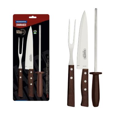 Imagem de Kit para Churrasco 22299055 com Faca Garfo e Chaira Aço Inox Madeira Natural Marrom Tramontina