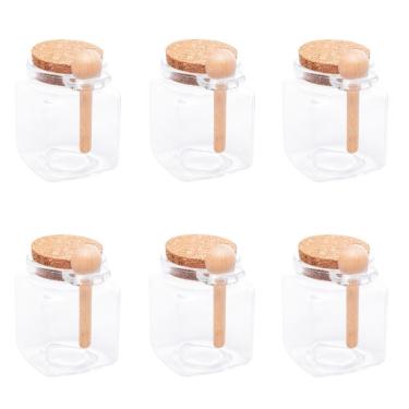 Imagem de Kit 6 Porta Temperos Quadrado 310ML Vidro com Colher de Bambu Tampa Rolha para Cozinha Transparente Lyor