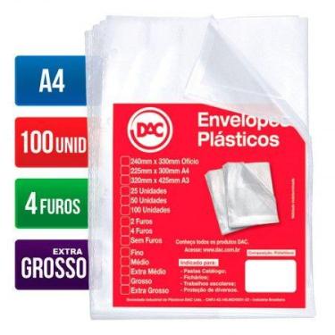 Imagem de Envelope plástico A4 0.20 4 furos 5088A4 pacote com 100 unidades - Dac