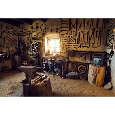 Imagem de Yeele Fundo de 3 x 2 m para fotografia vintage tradicional Smithy Workshop fundo interior Anvil Blacksmith Shop Rural Smithy Adulto Homem Foto Booth Shoot Vinil Studio Adereços
