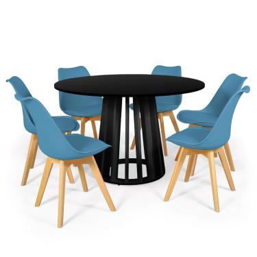 Imagem de Conjunto Mesa de Jantar Redonda Talia Preta 120cm com 6 Cadeiras Eiffel Leda - Turquesa