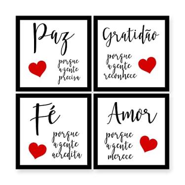 Imagem de Kit 4 Quadros Decorativos 35x35 cm com MOLDURA Frases Paz, Gratidão, Fé e Amor Coração