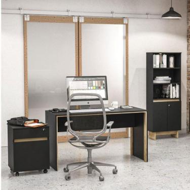 Imagem de Conjunto Escritório 3 Peças com 1 Mesa, 1 Gaveteiro e 1 Estante Los Angeles Politorno Preto / Carvalho Claro