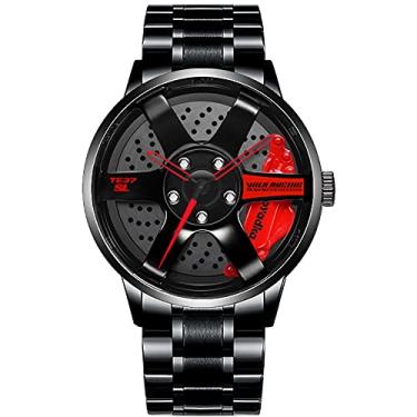 Imagem de BOYADKA Relógio de roda de carro, relógio de aço inoxidável com movimento de quartzo japonês, relógio de pulso esportivo à prova d'água com design de cubo de aro de carro para homens/entusiastas de