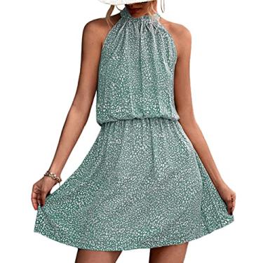 Imagem de Mini vestido casual feminino sem mangas, vestidos de praia com alças e costas sem costas, vestidos de festa boho com estampa floral(XL-Verde)