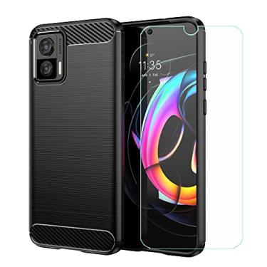 Imagem de FZYM Capa para Motorola Edge 30 Neo + película protetora de vidro temperado, capa de fibra de carbono preta capa de TPU de silicone macio para Motorola Edge 30 Neo (6,3 polegadas)