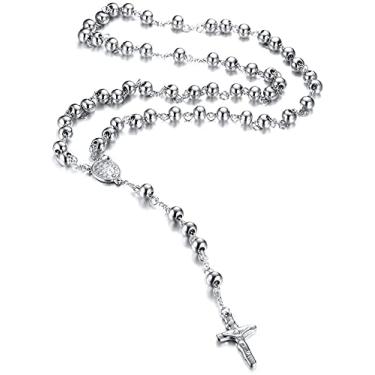 Imagem de Colar cristão católico preto prata aço inoxidável crucifixo religioso longo rosário, 26 inch, Aço inoxidável