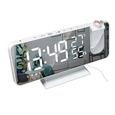 Imagem de Rádio Relógio XFTOPSE, Despertador Digital com Projeção de LED para Quarto, Relógio Espelhado Digital com Carregador USB, Despertador com Função Dupla de Temperatura e Umidade para Pessoas com Sono Pesado, com 4 Reguladores de Intensidade de Luz, com 180° de Projeção
