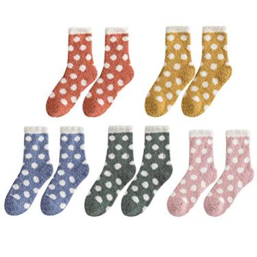 Imagem de KESYOO 5 pares de meias de inverno quentes para dormir, meias de lã felpudas, meias de cano médio para uso doméstico e presente feminino (cor misturada)