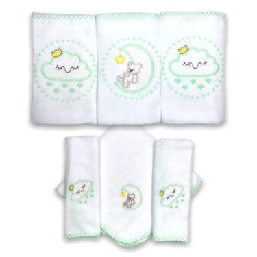 Imagem de Kit 6 Fraldas De Pano para Bebê Bordada (3 de Ombro + 3 De Boca) (Céu Verde (Nuvem e Lua))