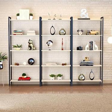 Imagem de Conjunto 3 Estantes para Livros Altas Industrial Aço Multiuso 187x80cm Active Yescasa Branco Chess