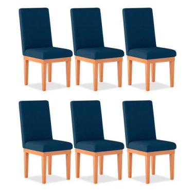 Imagem de Kit 06 Cadeiras Alice Para Mesa De Jantar Linho Azul - Madeira Prima D