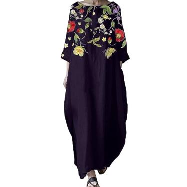 Imagem de UIFLQXX Vestido feminino plus size verão vintage estampa floral vestido longo gola redonda manga 3/4 casual vestido solto, Azul-marinho, G
