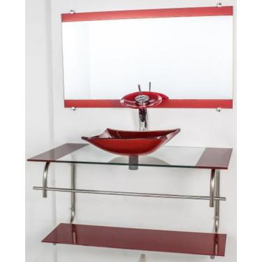 Imagem de Gabinete De Vidro Para Banheiro Inox 80cm Cuba Retangular Vermelho Cer