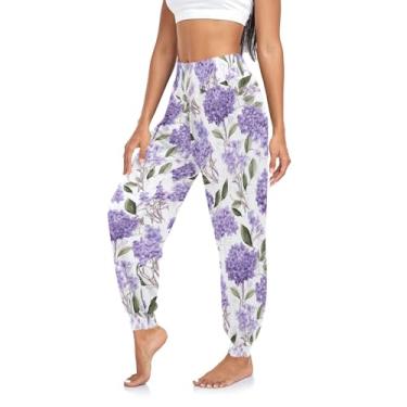 Imagem de CHIFIGNO Calça feminina de ioga harém de cintura alta para treino, calça folgada, calça de moletom, Flores lilás roxas - 1, G