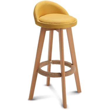 Imagem de Cadeira de bar de restaurante, banco alto giratório de madeira maciça 360 ° com almofada de linho de algodão, apoio para os pés e adesivos antiderrapantes para pés, amarelo, 60 cm