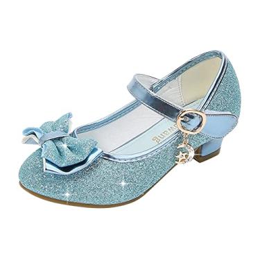 Imagem de CsgrFagr Sapatos sociais infantis para meninas Mary Jane sapatos para meninas sapatos de princesa sapatos de salto baixo infantil com glitter para casamento, Azul, 2.5 Big Kid