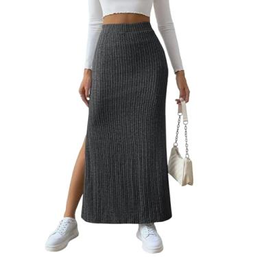 Imagem de Mulheres Inverno Outono Elástico Cintura Malha Com Nervuras Maxi Longo Bodycon Saia Lateral Divisão Cor Sólida Lápis Saias Camisola Saia