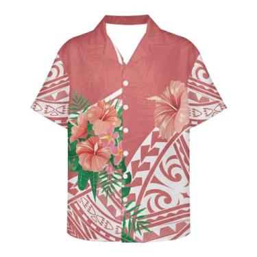Imagem de Gzzxiailg Camisas masculinas com gola V descoladas de verão Havaí camisas tropicais casuais com botões e frente aberta, ajuste relaxado, 2XS-7GG, Rosa Polinésia Floral, PP