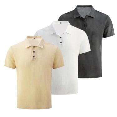 Imagem de 3 peças/conjunto de malha confortável camisa masculina elástica manga curta lapela golfe camiseta verão ao ar livre, presente para homens, Damasco + branco + cinza escuro, P