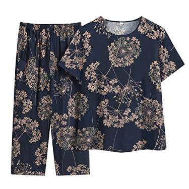Imagem de Camiseta feminina Cruise Wear para lounge, estampa floral, bolinhas, meia e idosos, algodão, seda, manga curta, Azul marino, X-Large