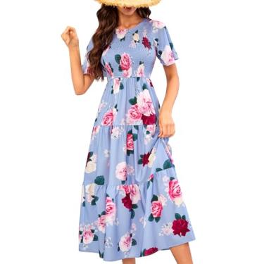 Imagem de VIDUSSA Vestidos midi de verão para mulheres - Boho floral esvoaçante manga curta gola redonda vestidos de sol longos rodados em camadas, Azul floral, P
