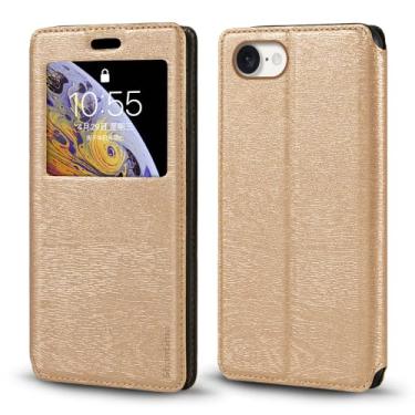 Imagem de Shantime Capa para iPhone SE 4, capa de couro de grão de madeira com suporte para cartão e janela, capa flip magnética para iPhone SE 4 Gold