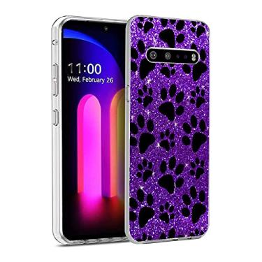Imagem de HANLINZHIYA Compatível com LG V60 ThinQ, capa de TPU fina à prova de choque com proteção contra quedas de pata de cachorro roxo brilhante para homens e mulheres