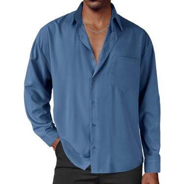Imagem de Camisa social masculina de cetim brilhante, manga comprida, abotoada, luxuosa, de seda, ombro caído, ajuste relaxado, camisa de festa de formatura, Azul, 3G