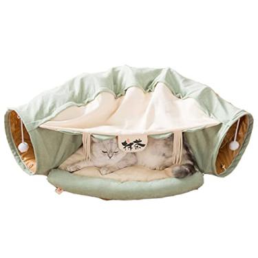 Imagem de 2 em 1 tubo de cama túnel para gatos com almofada e bola de pelúcia para parque infantil enrugado dobrável para gatos grandes, gatos, filhotes de gatos, cães pequenos, cama dobrável macia para animais de estimação para uso interno e externo – Cama de túnel verde para gatos