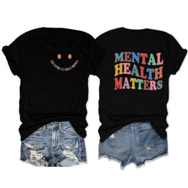 Imagem de Camiseta feminina Mental Health Matters Be Kind to Your Mind Inspirational Shirt Letter Print Graphic Tops, Preto, GG