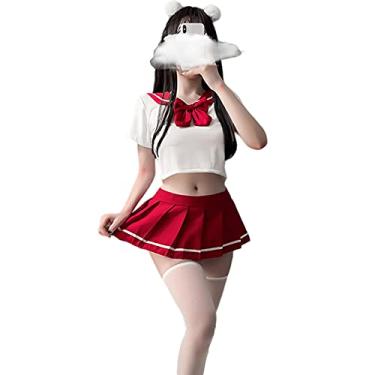Imagem de SINGUYUN Uniforme Japonês Escolar Meninas Saia Plissada Anime Cosplay Lingerie JK Fantasia Sexy Com Meias (6908Branco Vermelho)