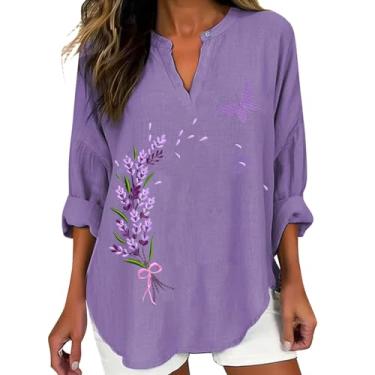 Imagem de Camisetas femininas Alzheimers Awareness de linho, gola V, mangas dobráveis, blusas estampadas com flores roxas, Roxo claro, XXG