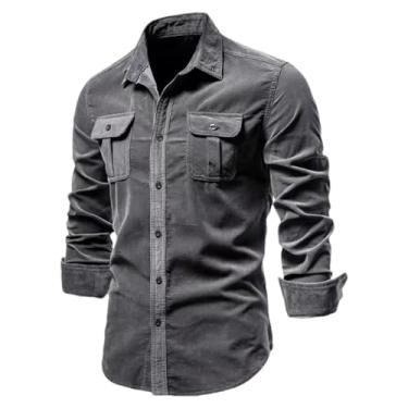 Imagem de BoShiNuo Camisas masculinas de veludo cotelê de algodão outono cor sólida slim fit casual manga longa camisa social para homens, Cinza, XXG