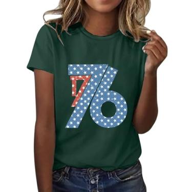 Imagem de Camiseta feminina com bandeira americana 1776 patriótica bandeira dos EUA 4 de julho camisetas verão vintage camiseta manga curta, Verde, G