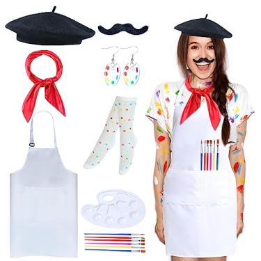 Imagem de Kyson Fantasia de artista para adultos, 8 peças, pintor, Halloween, vestido com boina, avental paleta, pincéis, brincos, bandana e barba (avental branco)