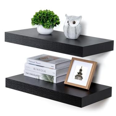 Imagem de FLYJOE Prateleiras flutuantes profundas | Conjunto de 2 prateleiras flutuantes pretas de 24 polegadas | Prateleiras de madeira rústica de 30 cm de profundidade para parede | 61 cm L x 30 cm P
