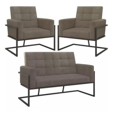 Imagem de Kit Recepção 2 Poltronas 1 Namoradeira Base de Ferro Reforçada para Escritório Sala de Espera (CAPPUCCINO)