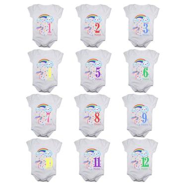 Imagem de Kit body bebê mesversario manga curta estampa chuva de benção 12 bodies 1 a 12 meses