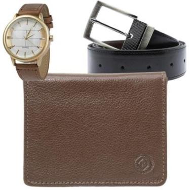 Imagem de Carteira Masculina De Couro Legítimo Porta Cartão Cnh + Cinto Masculino + Relógio Masculino-Masculino