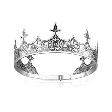 Imagem de Coucoland Coroa King vintage masculina - Tiara real prata antiga - Coroa de aniversário redonda completa ajustável, 1 Count (Pack of 1), Liga metálica, Sem Pedra Preciosa