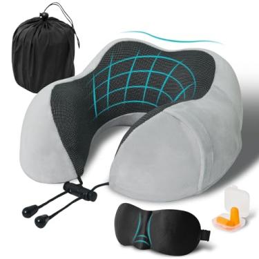 Imagem de Almofada de viagem, travesseiro de pescoço de espuma viscoelástica para viagem, travesseiro de pescoço em forma de U, kit de viagem portátil de avião, com máscaras de olhos contornadas 3D e tampão de