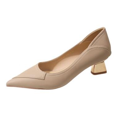 Imagem de UNWRBD Sapatos de salto baixo de bico fino para mulheres na primavera e outono cor nude boca rasa temperamento simples salto alto, bege, BR 39
