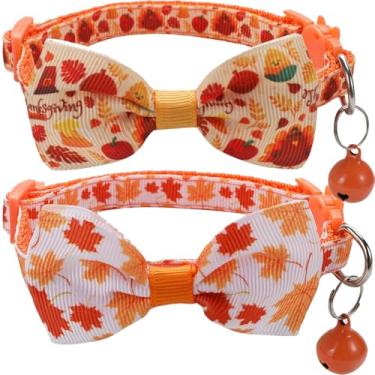 Imagem de Pacote com 2 coleiras para gatos de outono com sino, coleiras para gatinho de Ação de Graças para meninos e meninas machos e gatos femininos